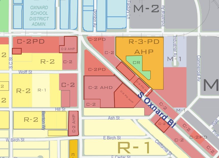 City of Oxnard zoning map showing C-2 AHD and C-2-PD AHP parcels